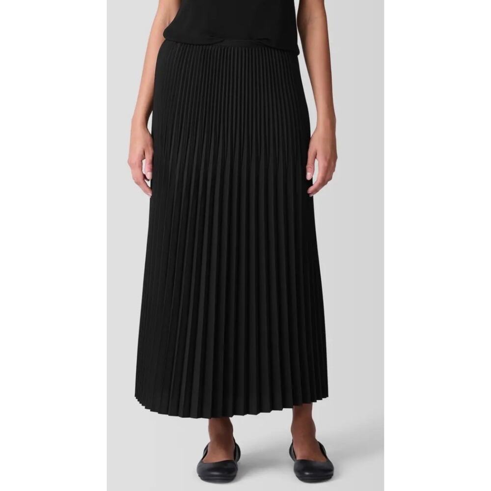 NEW 3X + Eileen Fisher BLACK Pleated Wool Silk Blend Midi Skirt stretch pullon